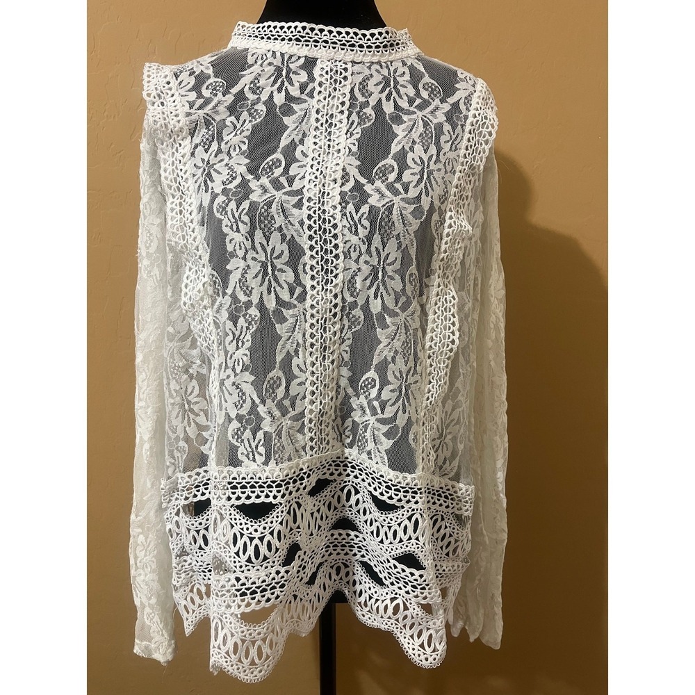 Adiva White Floral Lace Mock Neck Long Sleeve Blouse Country Cottage Boho Top